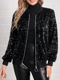 Loose Sequined Solid Color Round-Neck Long Sleeve Jacket