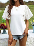 Flared Sleeves Loose Hollow Pleated Round-Neck T-Shirt