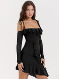 Sexy Strap One Line Neck Double Layer Long Sleeve Dress Women’s Slim Fit Ruffles Irregular Mini Dress Sweet Party Club