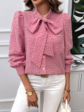 Long Sleeves Loose Buttoned Plaid Mock Neck Blouse