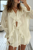 Casual Daily Lace Up Ruffle V Neck Long Sleeve Two Pieces