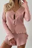 Casual Daily Lace Up Ruffle V Neck Long Sleeve Two Pieces