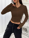 Hooded Long Sleeve Hollow Solid Color V-Neck T-Shirt