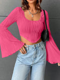 Flared Sleeves Long Sleeve Solid Color U-Neck T-Shirts