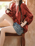 Long Sleeves Loose Hollow Pleated V-Neck Blouse Tops