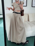 A-Line High Waisted Belted Pleated Solid Color Skirts Bottoms