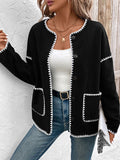 Black Long Sleeve Contrast Color Pocket Cardigan Tops