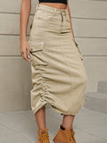 A-Line Buttoned Drawstring Pockets Solid Color Split-Side Skirts Bottoms
