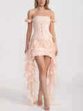 Asymmetrical Tiered Ruffled Corset Mini Dress in Soft Pink