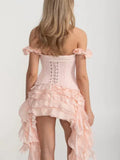 Asymmetrical Tiered Ruffled Corset Mini Dress in Soft Pink