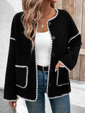 Black Long Sleeve Contrast Color Pocket Cardigan Tops