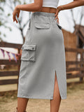 A-Line Buttoned Drawstring Pockets Solid Color Split-Joint Skirts Bottoms