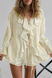 Casual Daily Lace Up Ruffle V Neck Long Sleeve Two Pieces