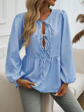 Long Sleeve Loose Elastic Striped Tie Round-Neck Blouse