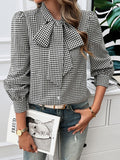 Long Sleeves Loose Buttoned Plaid Mock Neck Blouse