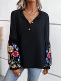 Loose Puff Sleeves Flower-Embellished V-Neck Blouse