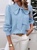 Long Sleeves Loose Buttoned Plaid Mock Neck Blouse