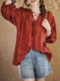 Long Sleeves Loose Hollow Pleated V-Neck Blouse Tops