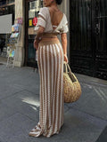 Sexy V-neck Hollow Striped Knitted Long Skirt Suit