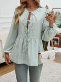 Long Sleeve Loose Elastic Striped Tie Round-Neck Blouse