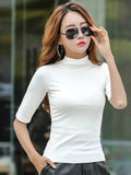2024 Brand Womens Half High Collar T-Shirt Mid-sleeved T Shirt For Female Woman Clothing New Thin Tops Womens T-shirts