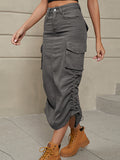 A-Line Buttoned Drawstring Pockets Solid Color Split-Side Skirts Bottoms