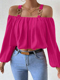Fuchsia Cold Shoulder Long Sleeve Blouse for Casual Wear