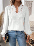Loose Puff Sleeve Hollow Jacquard V-Neck Blouses