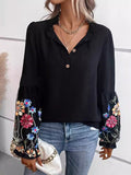 Loose Puff Sleeves Flower-Embellished V-Neck Blouse