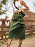 A-Line Buttoned Drawstring Pockets Solid Color Split-Joint Skirts Bottoms