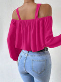 Fuchsia Cold Shoulder Long Sleeve Blouse for Casual Wear