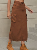 A-Line Buttoned Drawstring Pockets Solid Color Split-Side Skirts Bottoms