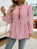 Long Sleeve Loose Elastic Striped Tie Round-Neck Blouse