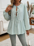 Long Sleeve Loose Elastic Striped Tie Round-Neck Blouse
