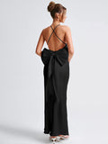 Bow Backless Sexy Maxi Dress For Women Satin Spaghetti Strap V Neck Sleeveless Sexy Club Party Long Dress Elegant