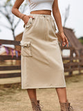 A-Line Buttoned Drawstring Pockets Solid Color Split-Joint Skirts Bottoms