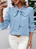 Long Sleeves Loose Buttoned Plaid Mock Neck Blouse