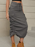 A-Line Buttoned Drawstring Pockets Solid Color Split-Side Skirts Bottoms