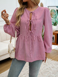 Long Sleeve Loose Elastic Striped Tie Round-Neck Blouse