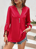 Loose Fit V-Neck Blouses with Button Detail in Red