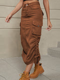 A-Line Buttoned Drawstring Pockets Solid Color Split-Side Skirts Bottoms
