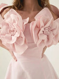 Floral-Appliques Pink Fit and Flared Off-Shoulder Mini Dress