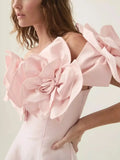 Floral-Appliques Pink Fit and Flared Off-Shoulder Mini Dress